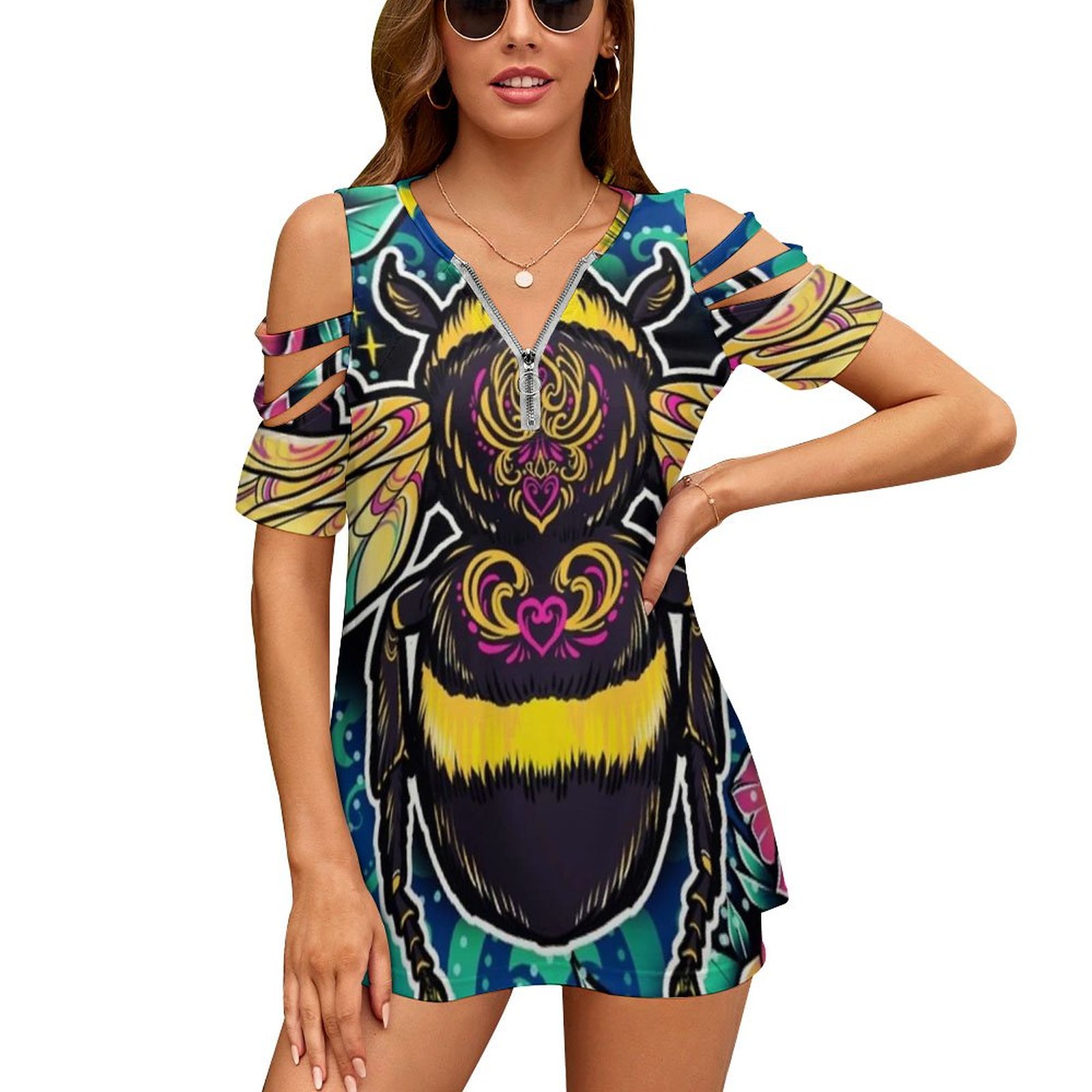 Women Accessories Drawing - Nowa moda Zip Off Shoulder Top